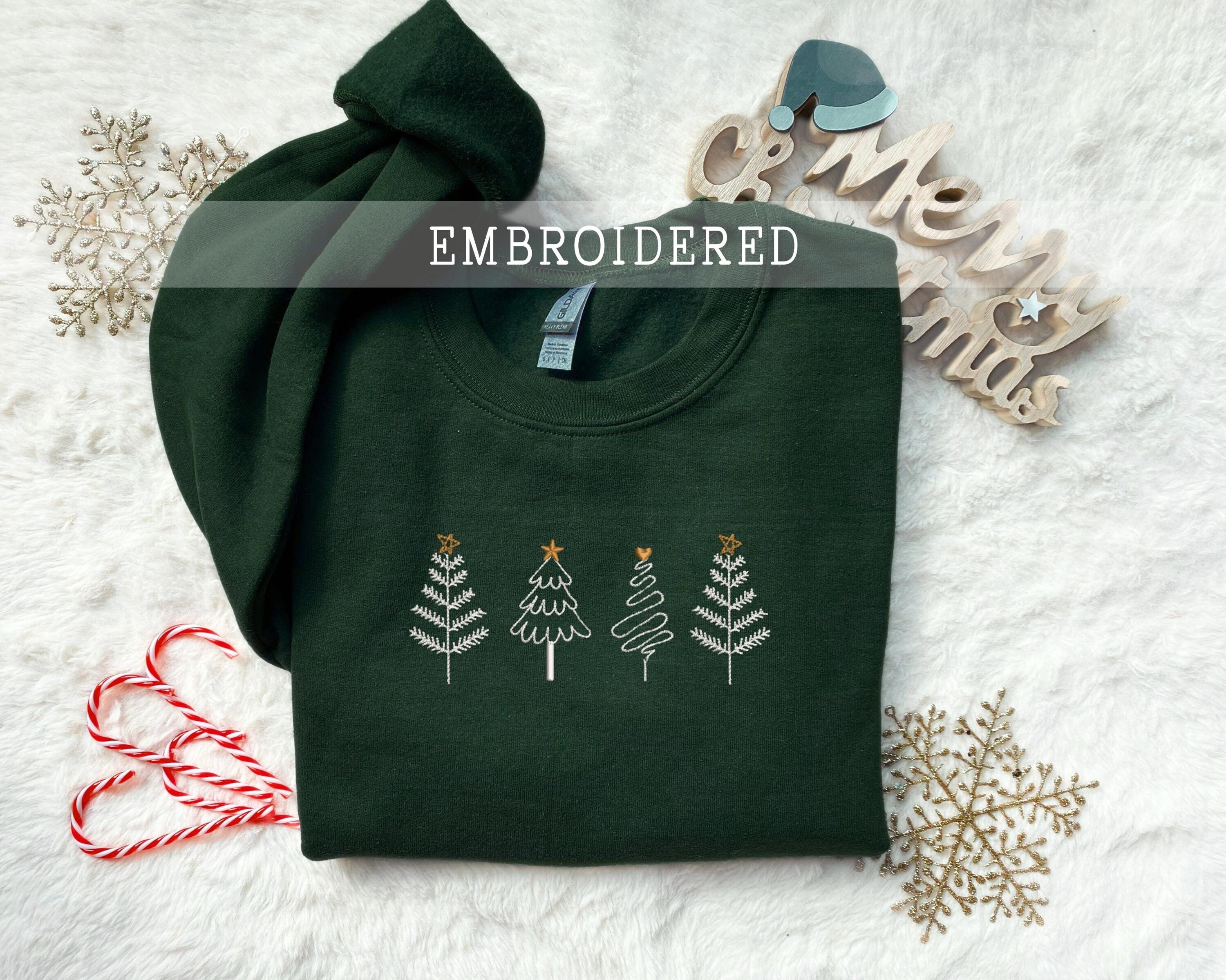 Embroidered Christmas Trees Sweatshirt, Christmas Gift, Holiday
