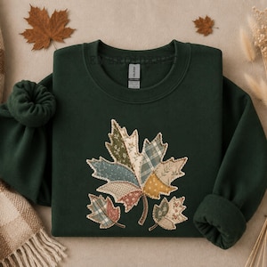 Sweat-shirt rétro patchwork à feuilles, pull d'automne brodé, sweat à capuche confortable pour l'automne