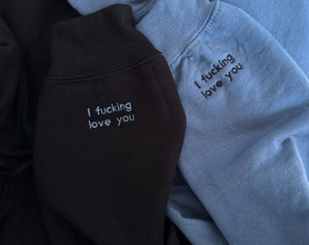 Custom Text Embroidered Sleeve Sweatshirt, Valentines Day, Couple Crewneck, Text On Sleeve, Couple's Shirt, Anniversary Gift,