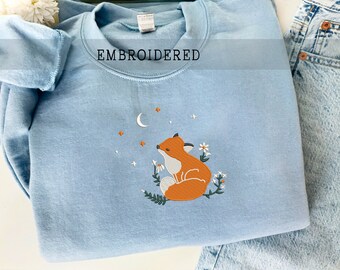 Embroidered Cute Fox Sweatshirt, Gift For Animal Lover, Cottagecore Crewneck, Fox Jumper, Embroidered Fox Sweatshirt, Aesthetic Sweatshirt