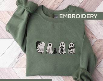 Embroidered Ghost Cats Sweatshirt,Embroidery Cat Crewneck, Cute Scary Cat, Spooky Season, Cat Lover Gift, Halloween Sweatshirt,
