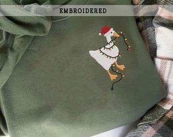 Broderad julgås, unisex julklapp till henne, söt fånig gås-tröja, present till djurälskare, god jul-tröja