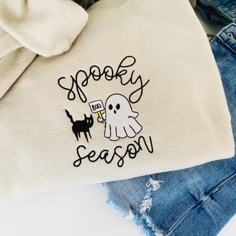 Embroidered Spooky Season Sweatshirt, Fall Sweatshirt, Ghost Crewneck, Cat Lovers Halloween Sweatshirt, Funny Halloween, Gift For Her, image 4