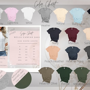 K&ouml;nnte beinhalten: Eine Farbkarte f&uuml;r Bella Canvas 3001 T-Shirts, die verschiedene Farben und Gr&ouml;&szlig;en zeigt. Die Karte enth&auml;lt eine Gr&ouml;&szlig;entabelle mit Breite und L&auml;nge in Zoll. Die Karte enth&auml;lt auch eine Beschreibung des Stoffes und der Passform.