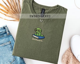 Embroidered Bookworm T-shirt, Gift For Book Lovers, Cozy Reading Tee, Funny Librarian Apparel