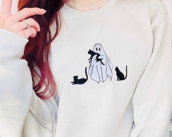 Geborduurd spook met katten sweatshirt, griezelig seizoen sweatshirt, spook ronde hals, Halloween sweatshirt, cadeau voor kattenliefhebbers