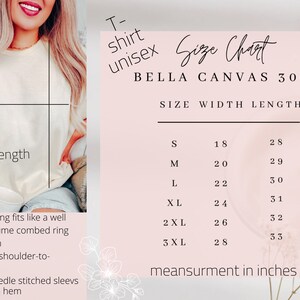 May include: Size chart for Bella Canvas 3001 unisex t-shirts. The chart shows the width and length measurements in inches for sizes S through 3XL.