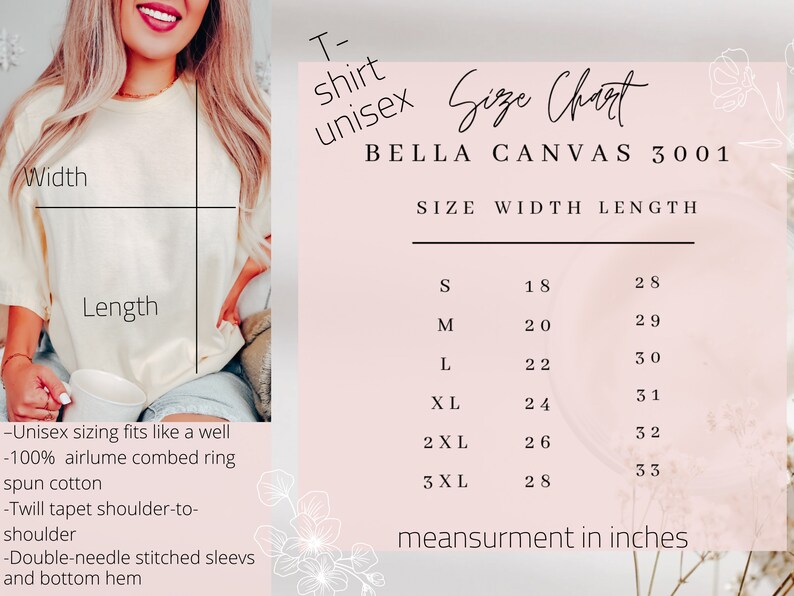 May include: Size chart for Bella Canvas 3001 unisex t-shirts. The chart shows the width and length measurements in inches for sizes S through 3XL.