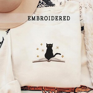 Embroidered Cute Cat Sweatshirt, Gift for Cat Lovers, Bookish Crewneck, Book Lover Sweatshirt, Reader Book T-shirt, Funny Cat Apparel