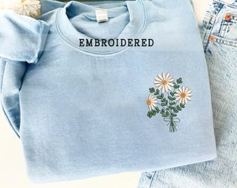 Sudadera bordada con margaritas, regalo para ella/mejor amiga, cuello redondo con estampado floral, ropa con motivos florales.