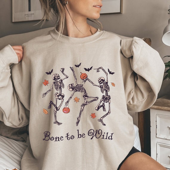 Funny Skeleton Sweatshirt, Trendy Sweatshirt, Halloween Vintage Sweater for Women Stay Oversized Crewneck, Bone to Be Wild Crewneck,