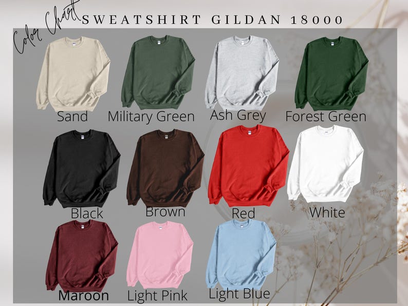 K&ouml;nnte beinhalten: Farbtabelle mit Gildan 18000 Sweatshirts in verschiedenen Farben, darunter Sand, Milit&auml;rgr&uuml;n, Aschgrau, Waldgr&uuml;n, Schwarz, Braun, Rot, Wei&szlig;, Bordeaux, Hellrosa und Hellblau. Der Text "SWEATSHIRT GILDAN 18000" ist zu sehen.