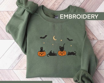 Embroidered Black Cat Sweatshirt, Funny Halloween Sweatshirt, Pumpkin Shirt, Spooky Season, Halloween Crewneck, Fall Sweatshirt For Women