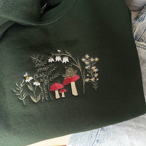 Embroidered Mushroom Frog Sweatshirt, Embroidered Cottagecore, Animal Lover Gifts, Gift For Her, Wildflowers Hoodie, Frog Pullover