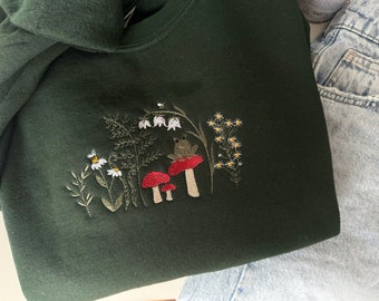 Besticktes Pilz-Frosch-Sweatshirt, bestickter Cottagecore, Tierliebhaber-Geschenke, Geschenk für Sie, Wildblumen-Hoodie, Frosch-Pullover