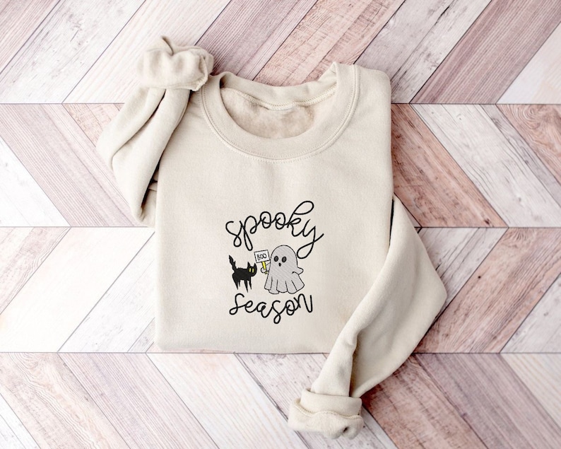 Embroidered Spooky Season Sweatshirt, Fall Sweatshirt, Ghost Crewneck, Cat Lovers Halloween Sweatshirt, Funny Halloween, Gift For Her, image 1