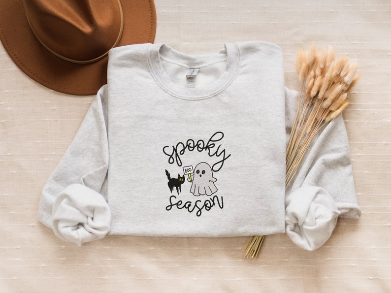 Embroidered Spooky Season Sweatshirt, Fall Sweatshirt, Ghost Crewneck, Cat Lovers Halloween Sweatshirt, Funny Halloween, Gift For Her, image 2