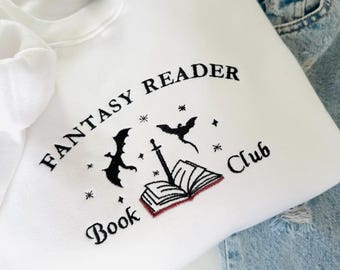 Broderad fantasyläsare bokklubbströja, bokmalströja, fantasygåva till vän, bokmerchandise-tröja, boklig hoodie