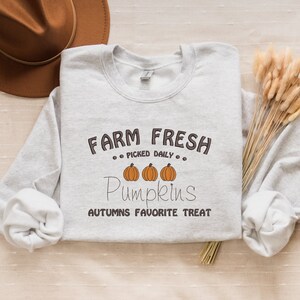 Op de afbeelding: Een lichtgrijs sweatshirt met de tekst "FARM FRESH, PICKED DAILY, Pumpkins, AUTUMNS FAVORITE TREAT" in bruin en oranje. Een bruine hoed en gedroogde tarwearen staan ook op de afbeelding.