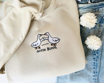 Embroidered Goose Bumps Sweatshirts, Goose Bumps Embroidery Shirt, Unisex Goose Embroidered, Embroidered T-shirt, Animal Crewneck