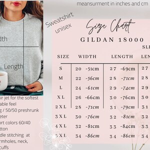May include: Size chart for Gildan 18000 unisex sweatshirts, showing measurements in inches and centimeters for sizes S to 5XL. The chart includes width, length, and sleeve length.