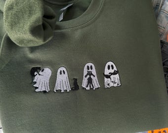 Trui met geborduurd spookje en kat, unisex Halloween-trui met ronde hals.