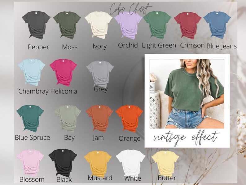 May include: Color chart showing 15 different t-shirt colors. The colors are: Pepper, Moss, Ivory, Orchid, Light Green, Crimson, Blue Jeans, Chambray, Heliconia, Grey, Blue Spruce, Bay, Jam, Orange, Blossom, Black, Mustard, White, and Butter.