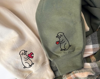Embroidered Otter Sweatshirt, Valentines Day, Funny Couple Crewneck, Custom Embroidery On Sleeve, Couple's Shirt, Anniversary Gift