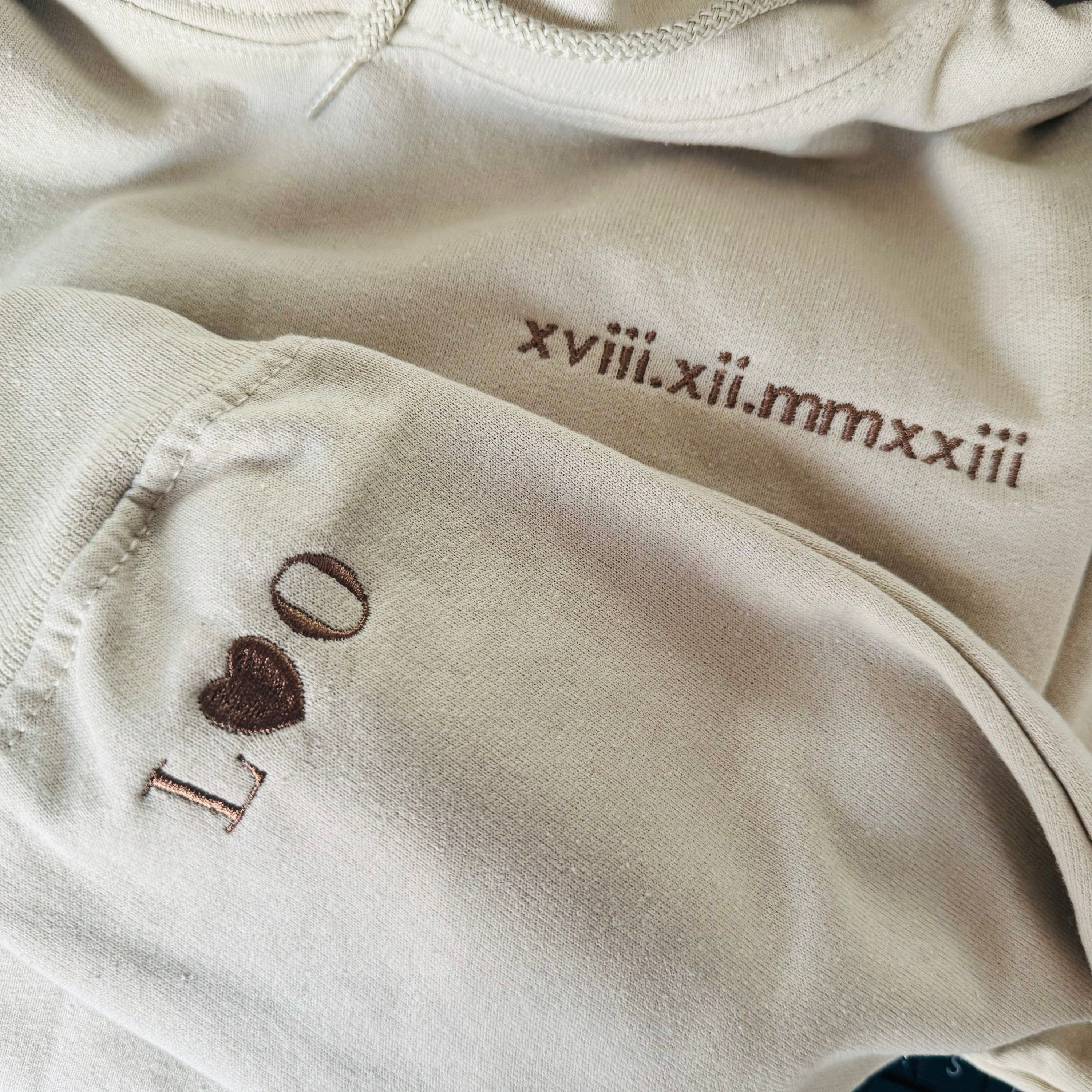 Custom Embroidered Initial Heart Hoodie, Roman Numeral Sweatshirt, Couple Crewneck, Initial On Sleeve, Couple's hoodie, Anniversary Gift