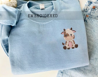 Baby Cow Embroidered Sweatshirt, Moody Cow Crewneck, Farm Animal Sweatshirt, Cute Cow Sweatshirt, Cottagecore Farm Sweater, Embroider Cow