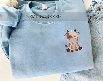 Baby Cow Embroidered Sweatshirt, Moody Cow Crewneck, Farm Animal Sweatshirt, Cute Cow Sweatshirt, Cottagecore Farm Sweater, Embroider Cow
