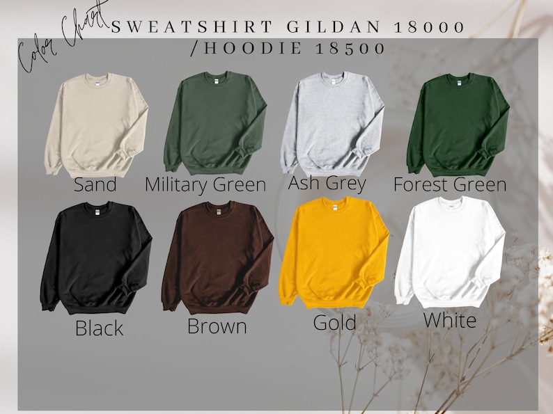 Op de afbeelding: Een kleurenkaart toont Gildan 18000 sweatshirts en 18500 hoodies in verschillende kleuren. De kleuren zijn zand, legergroen, asgrijs, bosgroen, zwart, bruin, goud en wit. De tekst "Kleurenkaart" staat bovenaan.