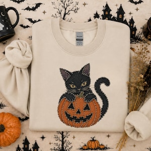 Faux Patchwork Black Cat Sweatshirt, Pumpkin Halloween Crewneck, Spooky Season Shirt, Graphic Fall Pullover For Cat Love