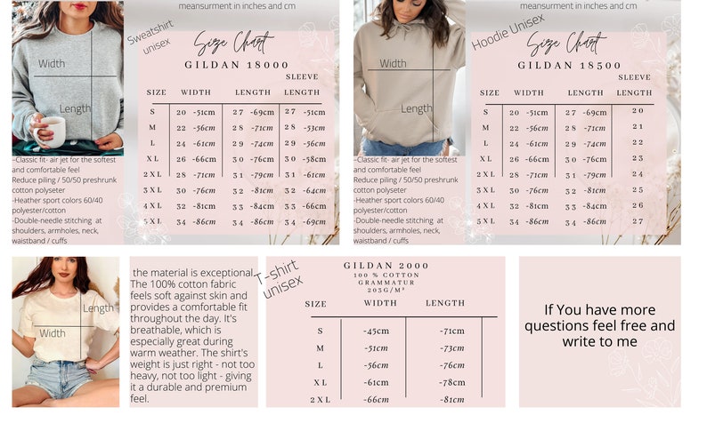 K&ouml;nnte beinhalten: Gr&ouml;&szlig;entabelle f&uuml;r Gildan 18000, 18500 und 2000 Unisex-Sweatshirts, Hoodies und T-Shirts. Die Tabelle zeigt die Ma&szlig;e in Zoll und Zentimetern f&uuml;r die Gr&ouml;&szlig;en S bis 5XL. Die Tabelle enth&auml;lt auch Informationen &uuml;ber die Stoffzusammensetzung und das Gewicht.