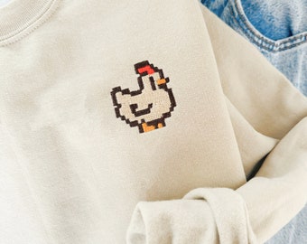 Sweat-shirt de poulet pixel brodé, sweat-shirt de poulet Stardew Valley, vêtements de jeu fabriqués à la main, sweat à capuche sur le thème du jeu, chemise de joueur,