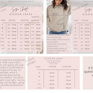 K&ouml;nnte beinhalten: Gr&ouml;&szlig;entabellen f&uuml;r Gildan Sweatshirts, Hoodies und T-Shirts. Die Tabellen zeigen die Ma&szlig;e in Zentimetern f&uuml;r verschiedene Gr&ouml;&szlig;en, einschlie&szlig;lich Breite, L&auml;nge und &Auml;rmell&auml;nge. Das T-Shirt-Diagramm zeigt Breite und L&auml;nge in cm.