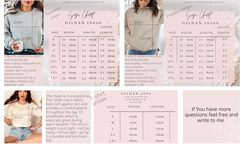 K&ouml;nnte beinhalten: Gr&ouml;&szlig;entabellen f&uuml;r Gildan Sweatshirts, Hoodies und T-Shirts. Die Tabellen zeigen die Ma&szlig;e in Zentimetern f&uuml;r verschiedene Gr&ouml;&szlig;en, einschlie&szlig;lich Breite, L&auml;nge und &Auml;rmell&auml;nge. Das T-Shirt-Diagramm zeigt Breite und L&auml;nge in cm.