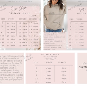 Pode incluir: Tabelas de tamanhos para sweatshirts, hoodies e camisetas unissex. As tabelas mostram as medidas em cent&iacute;metros para os modelos Gildan 18000, 18500 e 2000. A camiseta &eacute; feita de 100% algod&atilde;o.