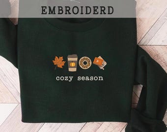 Moletom bordado aconchegante para a estação, moda outono feminina, camisa fofa de outono, moletom com capuz com ícones de outono, presente perfeito para meninas que amam o outono