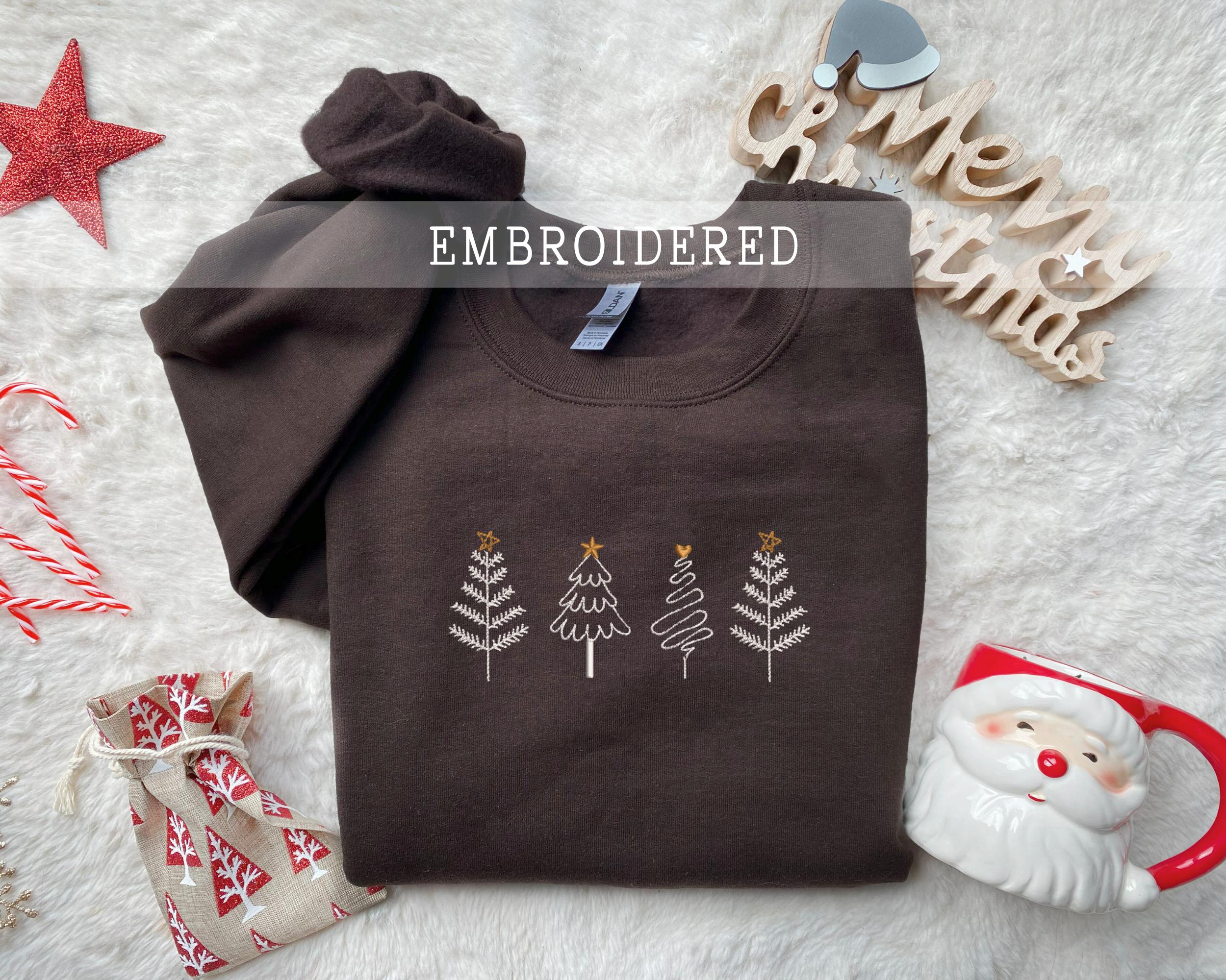 Embroidered Christmas Trees Sweatshirt, Christmas Gift, Holiday