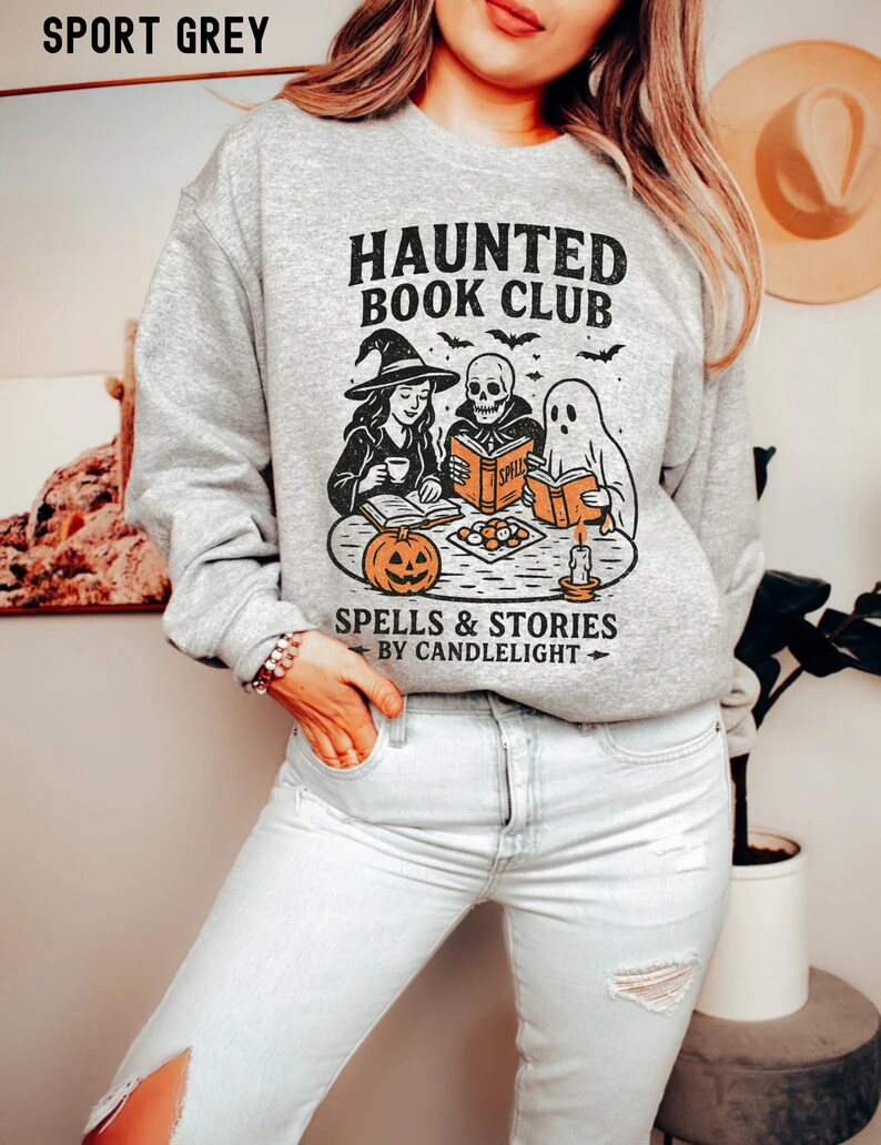 Haunted House Sweatshirt, Book Club Apparel, Cozy Halloween Clothing, Spooky Gift for Readers, Halloween Book Club Gift, Unisex Shirt image 4