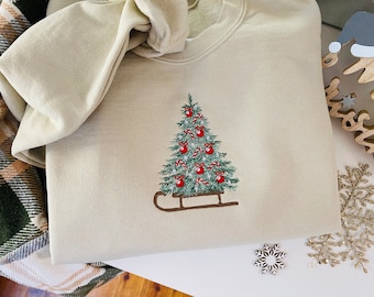 Embroidered Christmas Tree Sweatshirt, Holiday Sweater, Merry Christmas, Santa Gift Sweatshirt, Embroidered Christmas Tree on Sleigh