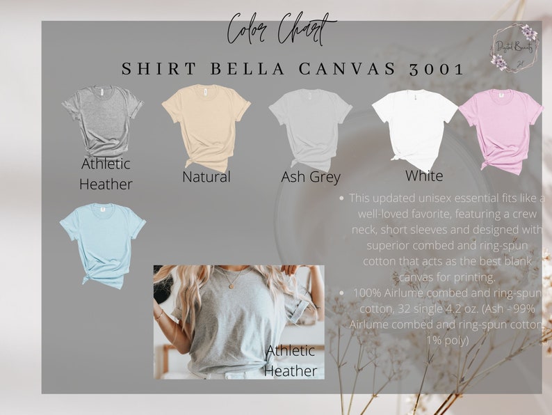 May include: Color chart for Bella Canvas 3001 t-shirts. The chart shows the different colors available: Athletic Heather, Natural, Ash Grey, White, and Pink. The text describes the shirt as a unisex essential with a crew neck, short sleeves, and superior combed and ring-spun cotton.