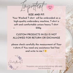 May include: A light pink background with text in black and a small heart graphic. The text includes size and fit details for a washed T-shirt, its weight, and a note about returns. The Print of Beauty logo is at the bottom.