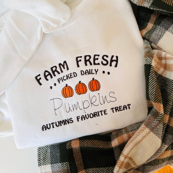 Embroidered Pumpkin Sweatshirt, Farm Fresh Pumpkins Crewneck, Farm Fresh Autumn Harvest Sweatshirt, Halloween Sweater, Fall Crewneck