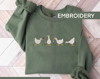 Besticktes Enten-Sweatshirt mit Tulpe, bestickter Blumenpullover, süßes besticktes Entenshirt, Geschenk für Tierliebhaber