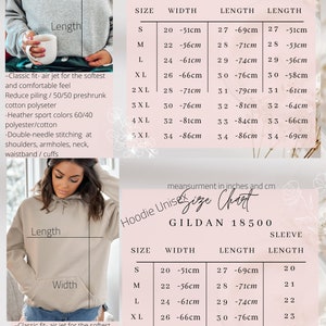 May include: Size chart for Gildan 18000 and 18500 sweatshirts and hoodies. The chart shows the width, length, and sleeve length in inches and centimeters for sizes S through 5XL.
