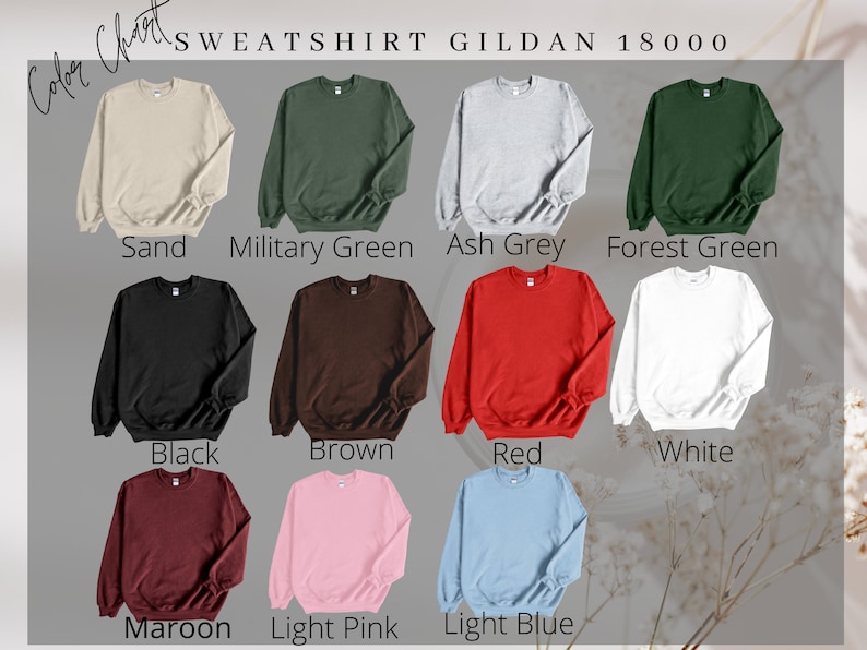 K&ouml;nnte beinhalten: Farbkarte mit 12 verschiedenen Farben von Gildan 18000 Sweatshirts. Die Farben sind: Sand, Milit&auml;rgr&uuml;n, Aschgrau, Waldgr&uuml;n, Schwarz, Braun, Rot, Wei&szlig;, Weinrot, Hellrosa, Hellblau.