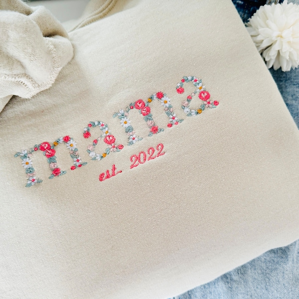 Custom Embroidered Floral Mama Sweatshirt, Mama Crewneck,  Mama T-shirt, Gift For Mom, Mother'S Day Gift, Personalized Sweatshirt