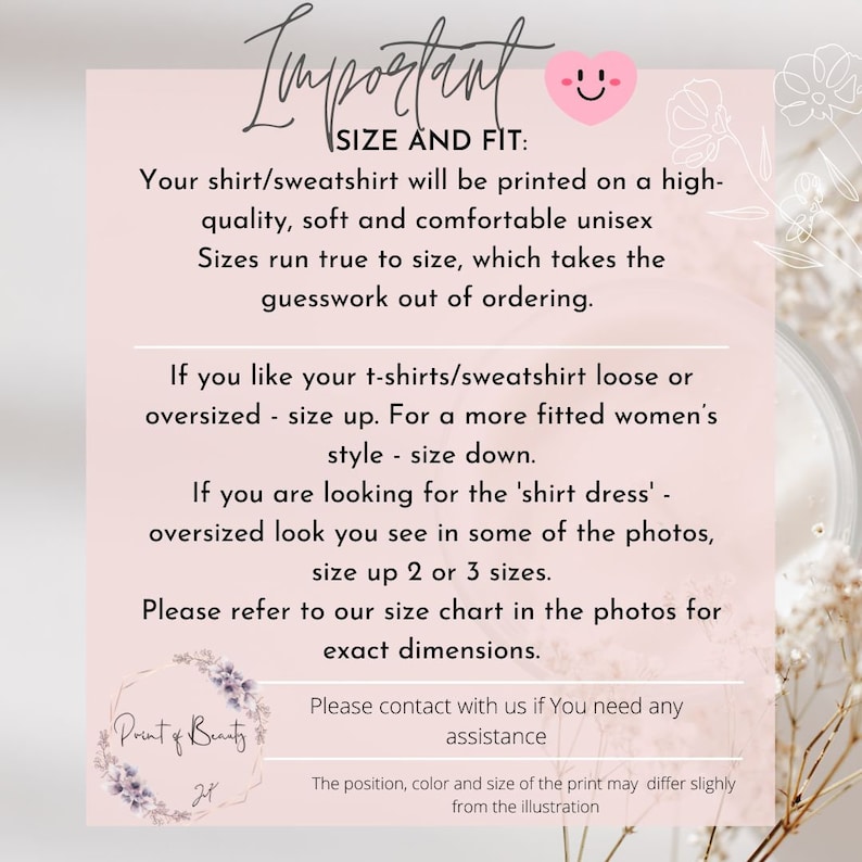 K&ouml;nnte beinhalten: Ein rosa Hintergrund mit Text zur Gr&ouml;&szlig;enbestimmung von Hemden und Sweatshirts. Der Text enth&auml;lt Informationen zur Unisex-Gr&ouml;&szlig;e, Passform und wie man einen lockeren oder &uuml;bergro&szlig;en Look erzielt. Ein kleines Herz und ein Blumendesign sind ebenfalls vorhanden.